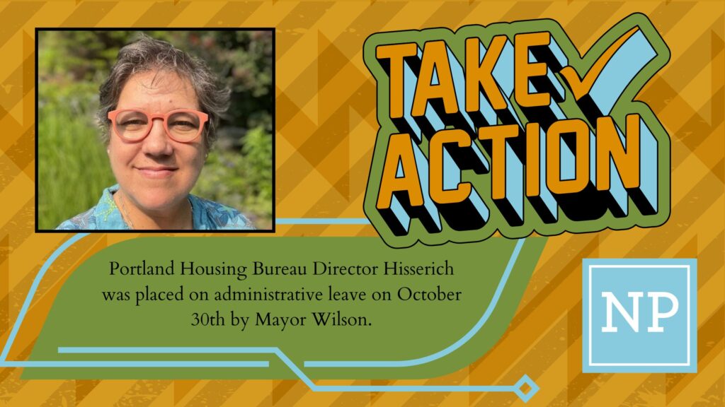 Take Action text, NP logo, and photo of director, woman with short hair smiling with orange glasses in a forested, green background that is blurred behind her head.