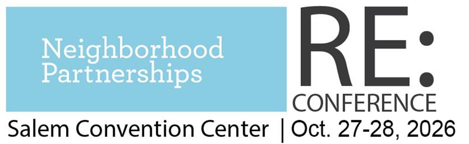 Graphic banner for the Neighborhood Partnerships RE: Conference, held at the Salem Convention Center on October 27–28, 2026.